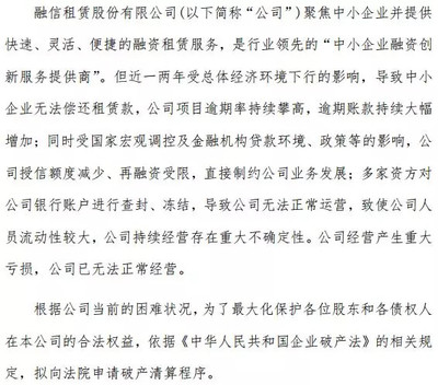 逾期租金飆至6.44億元后，融信租賃申請破產 時運不濟還是早有預謀？